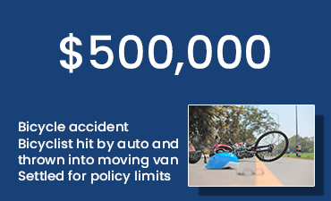 photo of bicyle accident with caption $500,000 Bicycle accident - Bicyclist hit by auto and thrown into moving van - Settled for policy limits