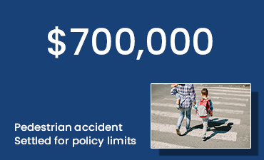 photo of mother and children crossing street with caption Settled $700,000 - Pedestrian accident - Settled for policy limits